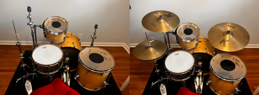 Two photos of a four-piece drum set. On the left with no cymbals, and the right with hi-hats, a crash cymbal, and a ride cymbal.