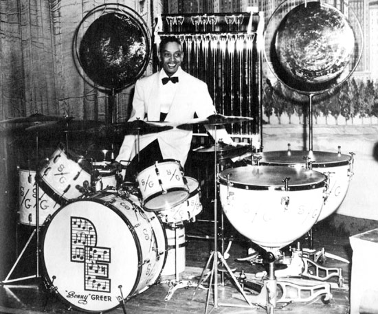 Sonny Greer and his extensive drum set.
Source: Getty Images